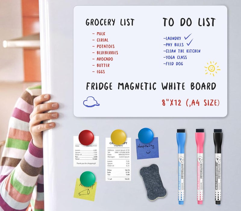ZUXEFO Magnetic Fridge Whiteboard Set: Dry Erase White Board, Magnets (Bonus), Markers & Erasers (1-Pack, 12 X 8 Inch) - Image 1